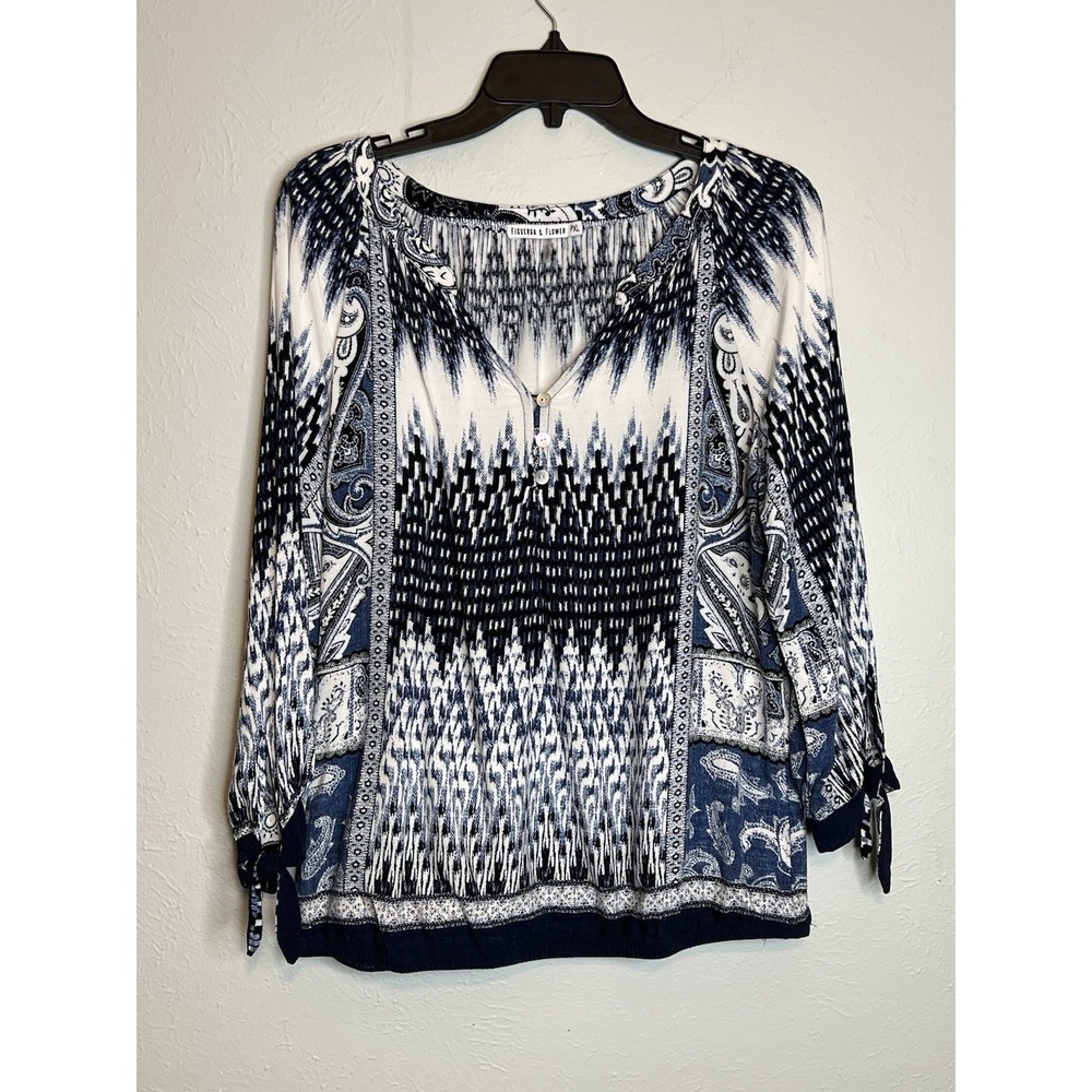 Figueroa & Flower PXL Blue & White Long Sleeve Blouse With Elastic Around Bottom